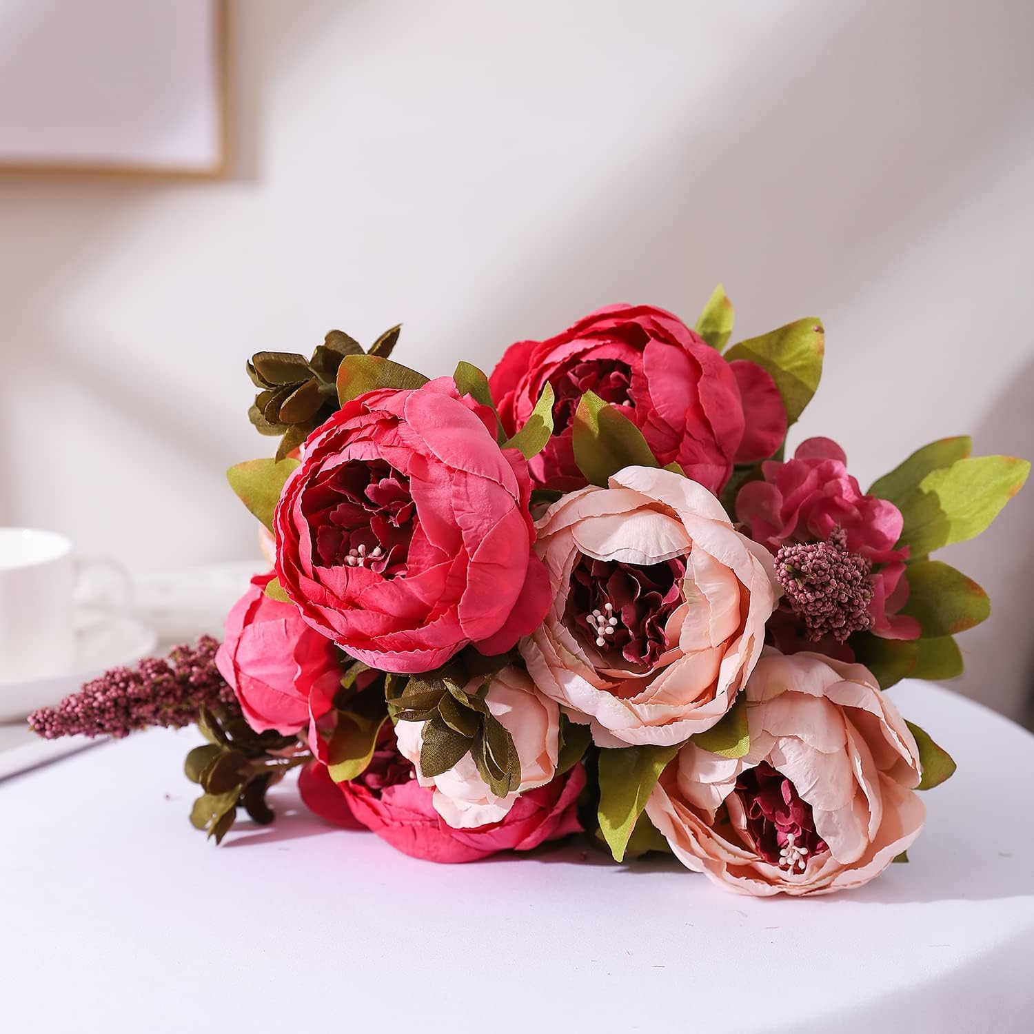 Duovlo Fake Flowers Vintage Artificial Peony Silk Flowers Wedding Home Decoration,Pack of 1 (Dark Pink)