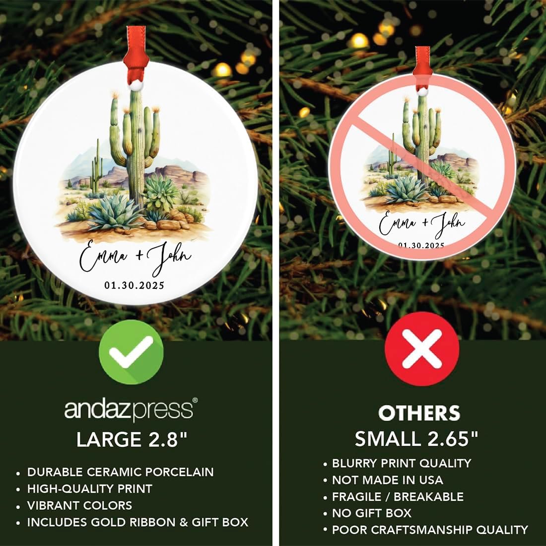 Andaz Press 2.8" Ceramic Porcelain Personalized Christmas Cactus Ornament, Desert Wedding Design, Custom Cactus Christmas Ornaments, Succulent Ornament Cactus Decor, Wedding Gift for Couples