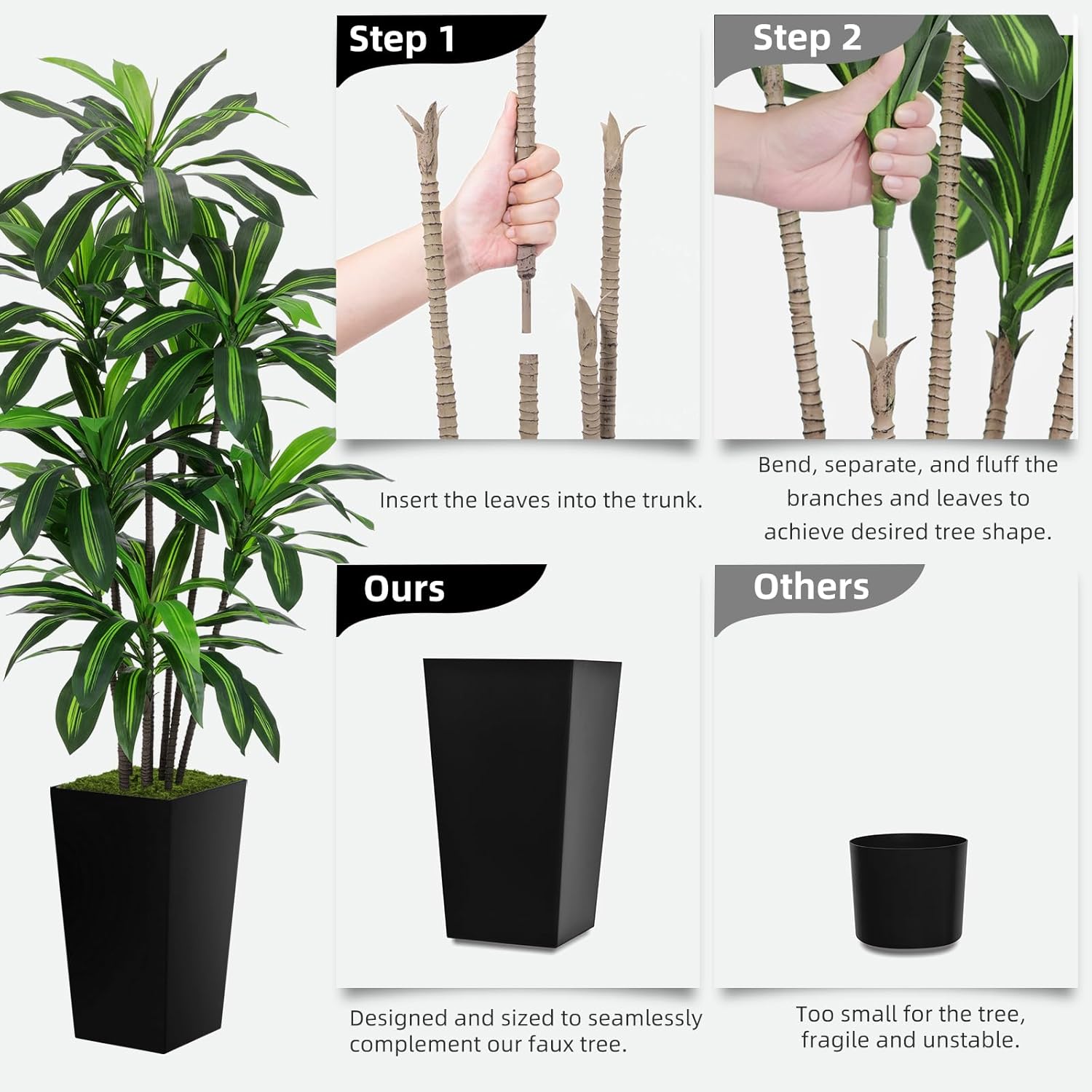 Artificial Dracaena Plant 6FT - Fake Tree with White Tall Planter - Faux Yucca Tall Fake Floor Plant in Pot - Artificial Trees for Home Office Living Room Decor Indoor