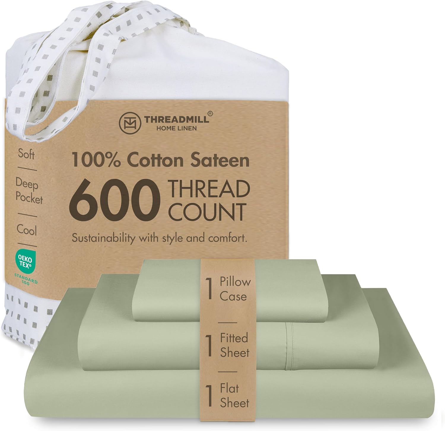 Threadmill 100% Cotton Sheets for Twin XL Size Bed - 600 Thread Count Twin XL Bed Sheets Set with 15” Deep Pocket - Sateen Weave 3-Piece Bedding Set with Cooling Effect, Sage Green