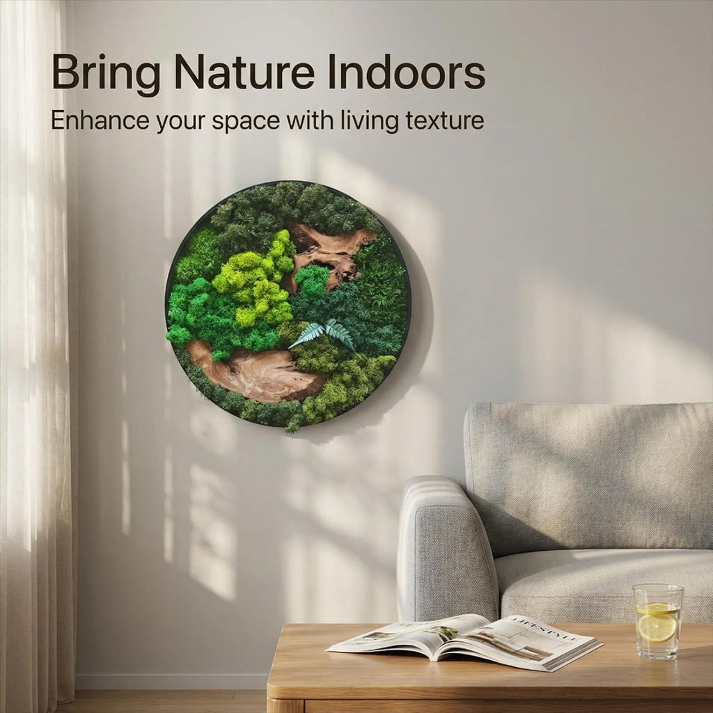 vadmepiop Natural Preserved Moss Wall Art with Real Wood Frame, Handcrafted Maintenance-Free Moss Wall Panel for Home Decor, Office, Restaurant, Bar & Cafe (Round, 11.81in)