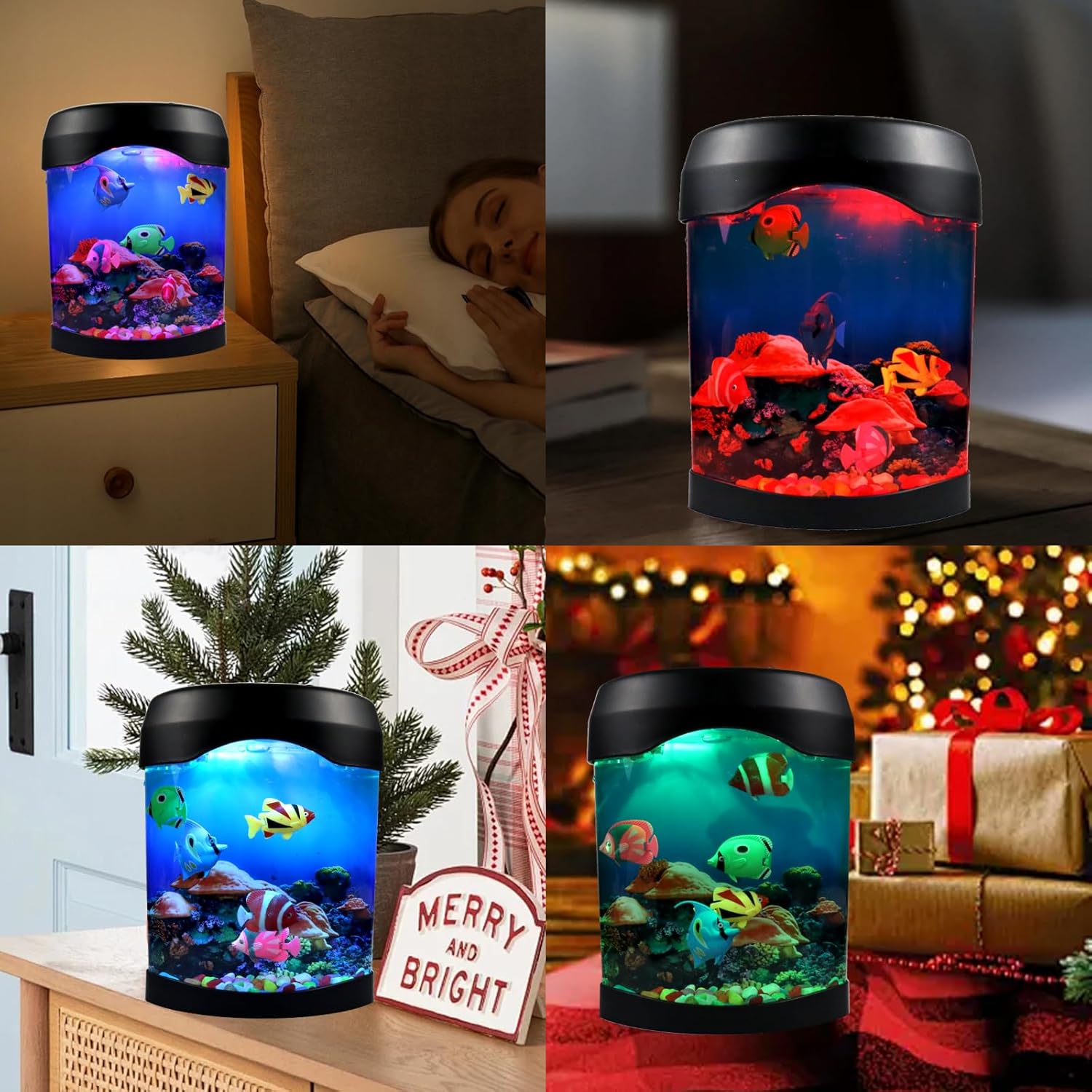 Toycol Fake Fish Lamp, Nightly Lifelike Desk Electric Mood Light, LED Light Tank with 6 Color Changing and (5 Fake Fish) Mini Aquarium for Home Office Deco Adults,Gifts for Kids and Adults