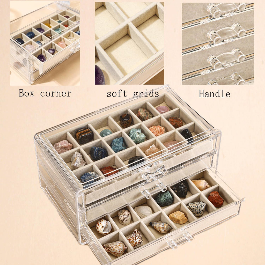 Acrylic Rock Collection Display Case with 54 Grids Storage Compartments Rock Collection Boxes Display Organizer Collection Storage Display Cases for Collectibles Crystal /Rock（Beige）