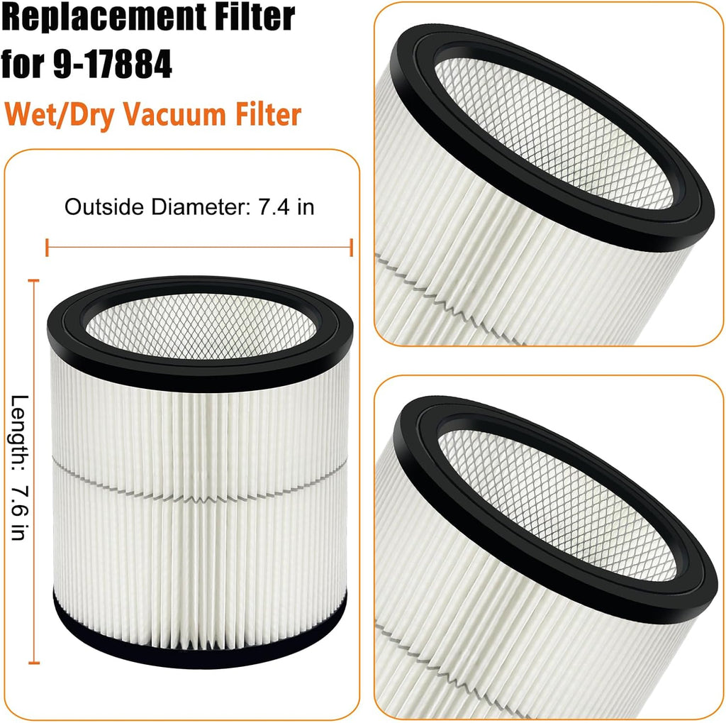 17884 Replacement Filter Fits Craftsman 6 8 12 16 Gallon Wet Dry Vacuums, Replaces 9-17884 General Purpose Vac Filter with 2x Wet Foam- 2 Pack