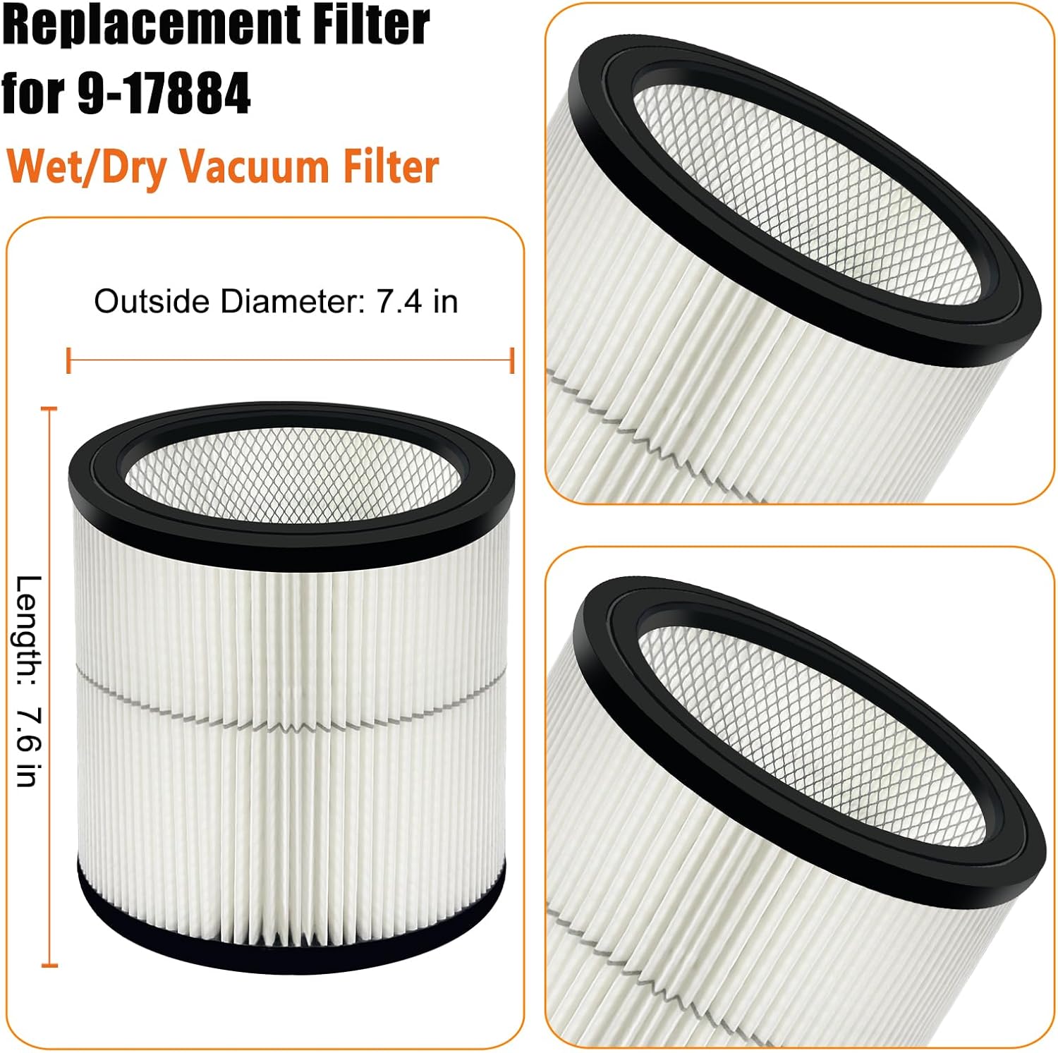 17884 Replacement Filter Fits Craftsman 6 8 12 16 Gallon Wet Dry Vacuums, Replaces 9-17884 General Purpose Vac Filter with 2x Wet Foam- 2 Pack