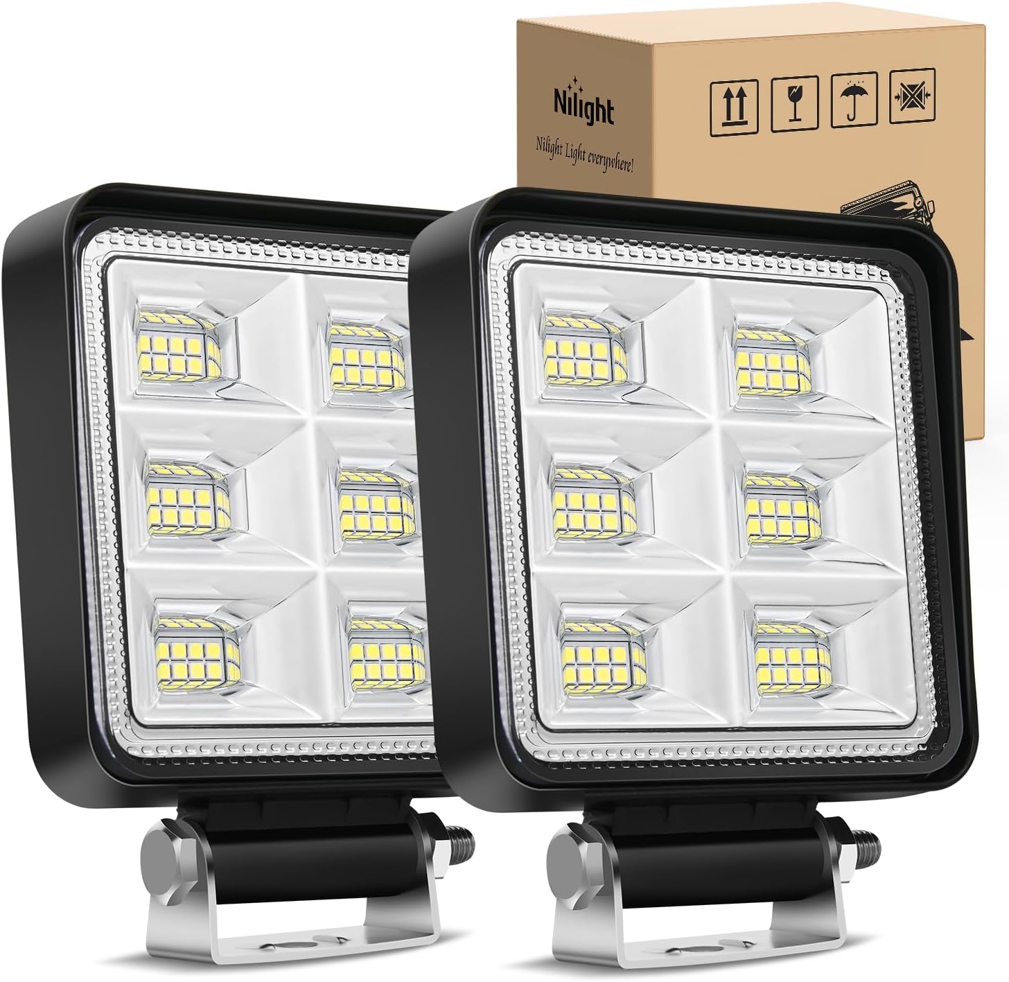 Nilight LED Tractor Lights LED Pods Square 2PCS 4 Inch 64LEDs Flood Bar Fog Driving Work Lighting for Truck Off Road Vehicles ATV UTV Boat