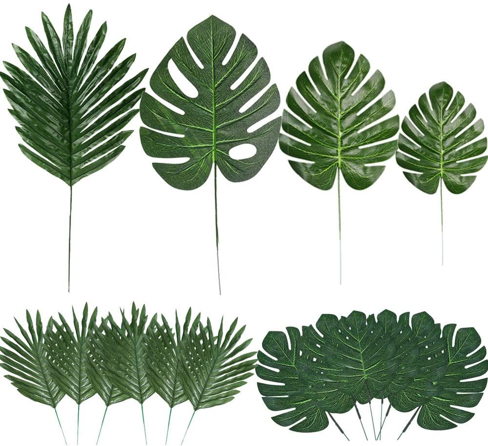60 Pieces 4 Kinds Artificial Palm Leaves with Faux Stems Tropical Plant Leaves Monstera Safari Leaves for Hawaiian Luau Party Jungle Beach Table Leave Decorations