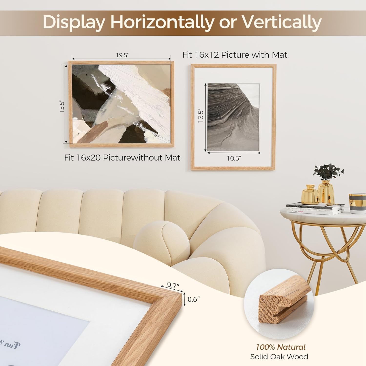 Fun Memories 16x20 Picture Frame, Solid Oak Wood Poster Frames, Modern Photo Frame for Wall 16x20 with 11x14 Mat, High Definition Plexiglass & Wall Hook Included (Beige,3 Pack)