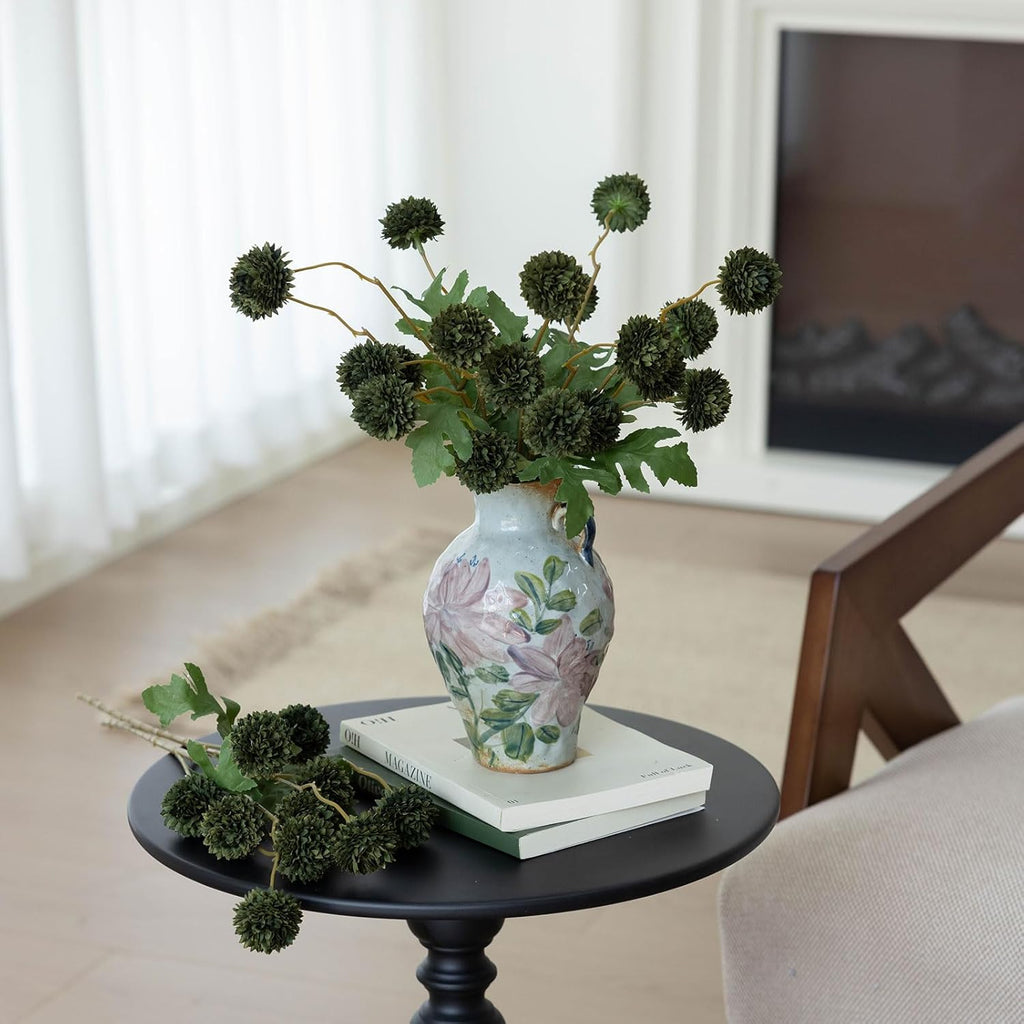 Mizii 6Pcs Green Fake Silk Pompon Mum Artificial Flowers Bulk Small Faux Chrysanthemums with Stems Realistic Floral Decorations for Wedding DIY Bouquet Centerpieces Shower Vase Home Decor (Dark Green)