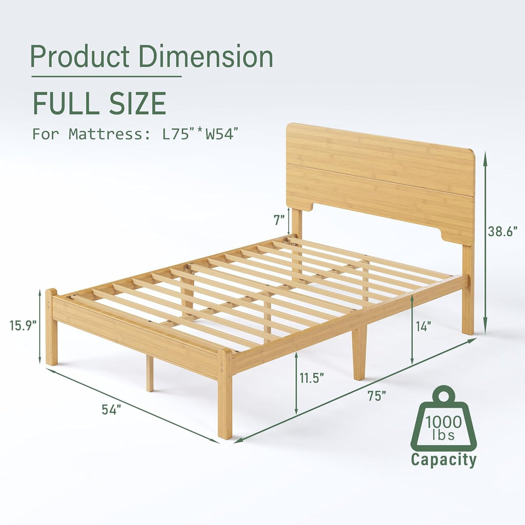 14in High Solid Bamboo Wood Platform Full Size Bed Frame with Headboard, Reinforced Heavy Duty Metal Slats, Noise Free, No Box Spring Needed, Easy Assembly