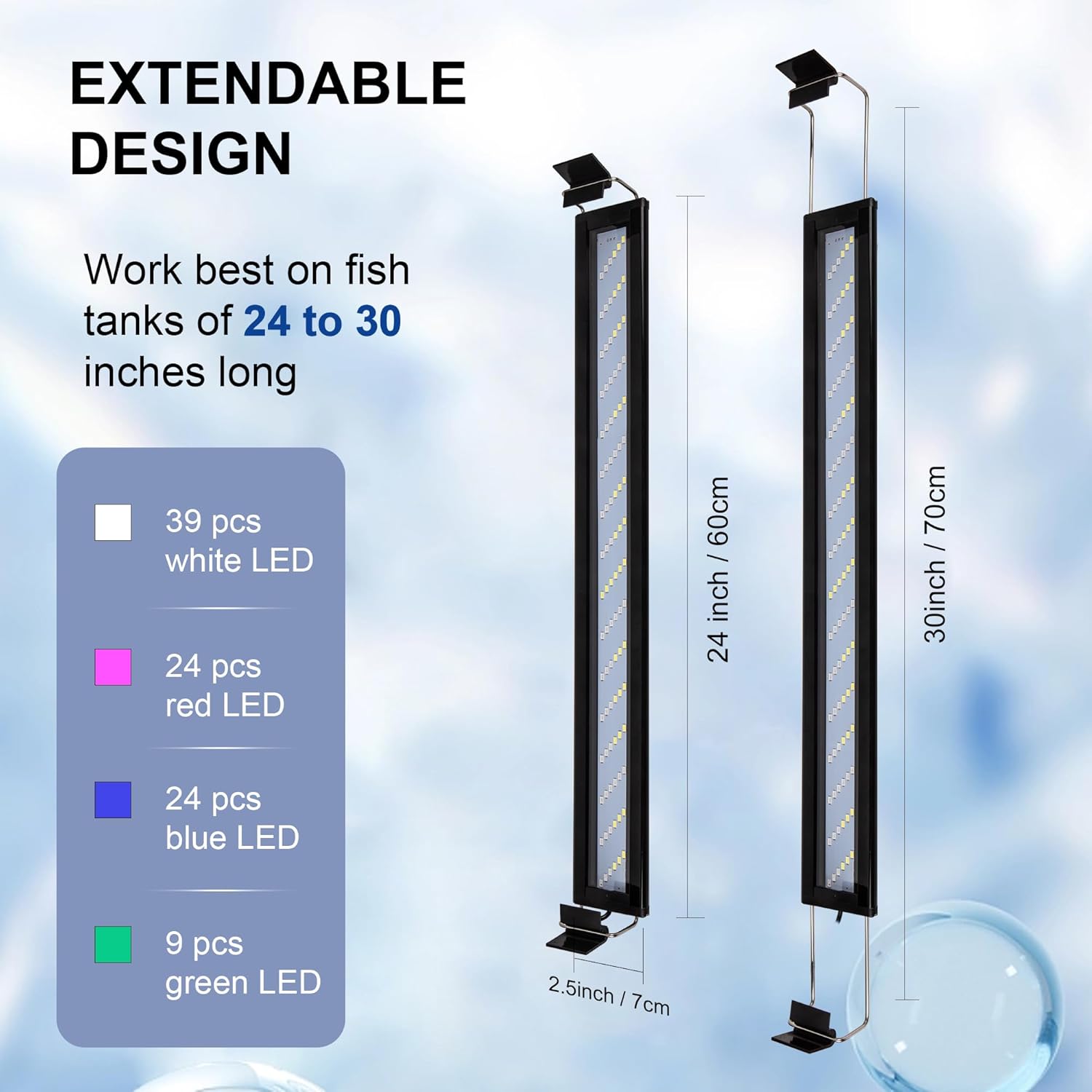 Led Aquarium Light, Full Spectrum Fish Tank Lights, 30 Inch Freshwater Fishtank Hood Lighting for Grow Fish, Plants, Adjustable from 24 to 30in