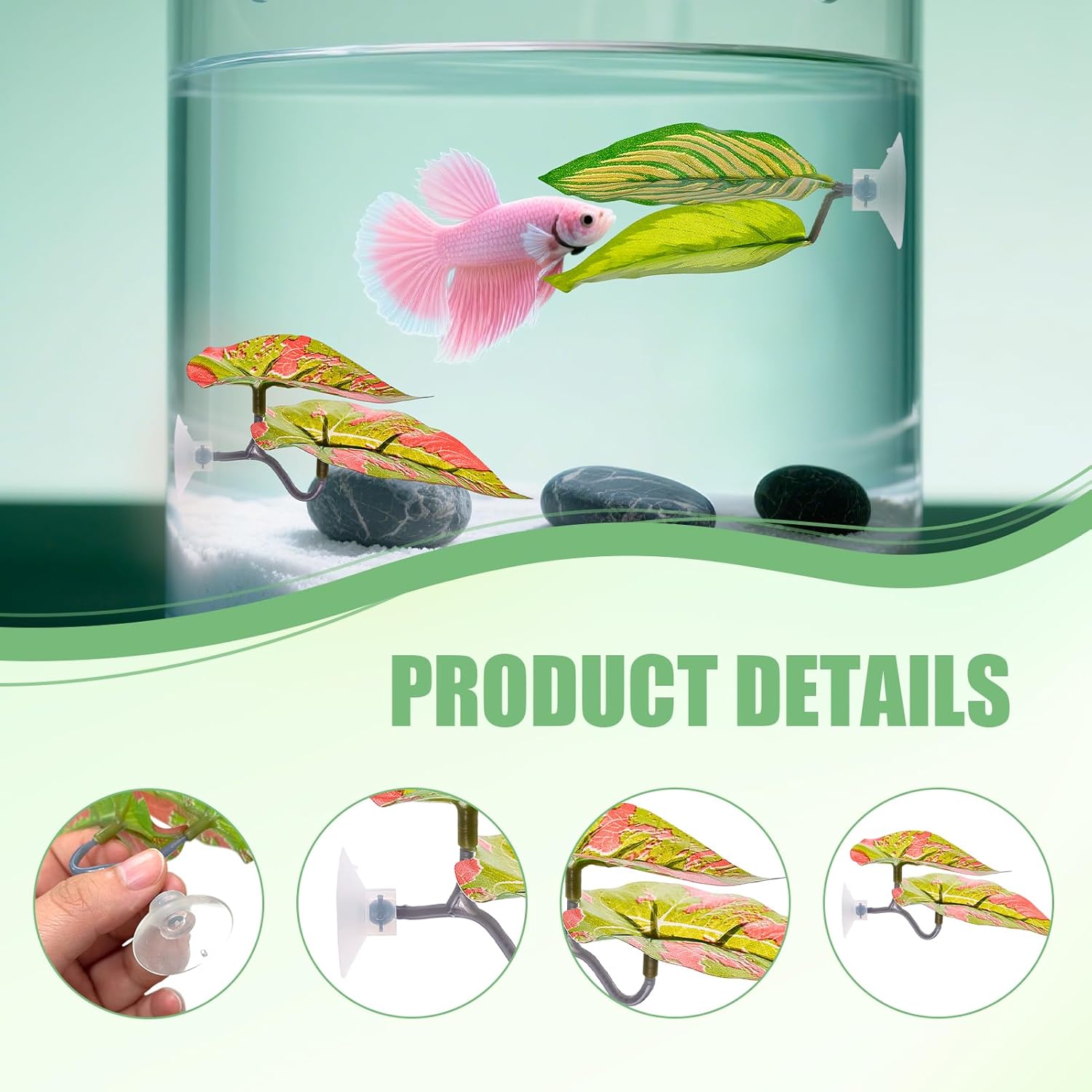 3Pcs Betta Leaf Hammock Betta Bed Fish Tank Accessories Soft Aquarium Decor Plastic Plants with Suction Cup,Simulating The Natural Habitat for Betta Spawning Grounds Breeding Resting Bed（Double Leaf）