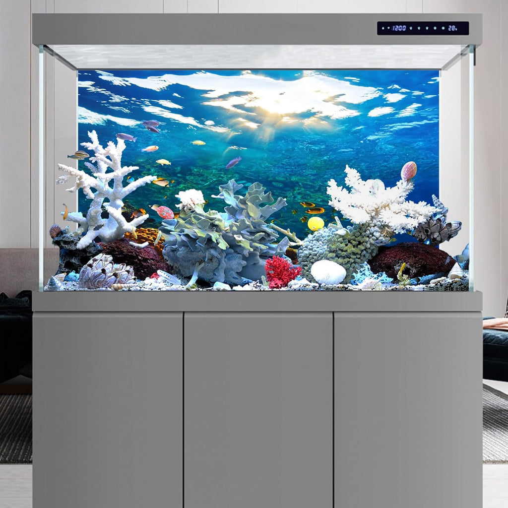 YongFoto Ocean Theme Fish Tank Background 30x12 inch Seaweed Coral Reef Rock Seafloor Tropical Fish Underwater Sea World Polyester Backdrop Reptile Habitat Terrarium Aquarium Background