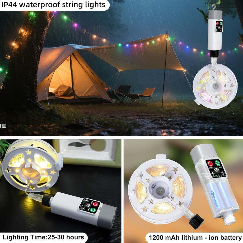 Moobibear Camping String Lights, Quick Storage, 33FT/100LED RGB Rechargeable Tent Lights String with USB 8 Lighting Modes, Hanging Waterproof Portable LED Lamp for for Camping Essentials, Yard, Party