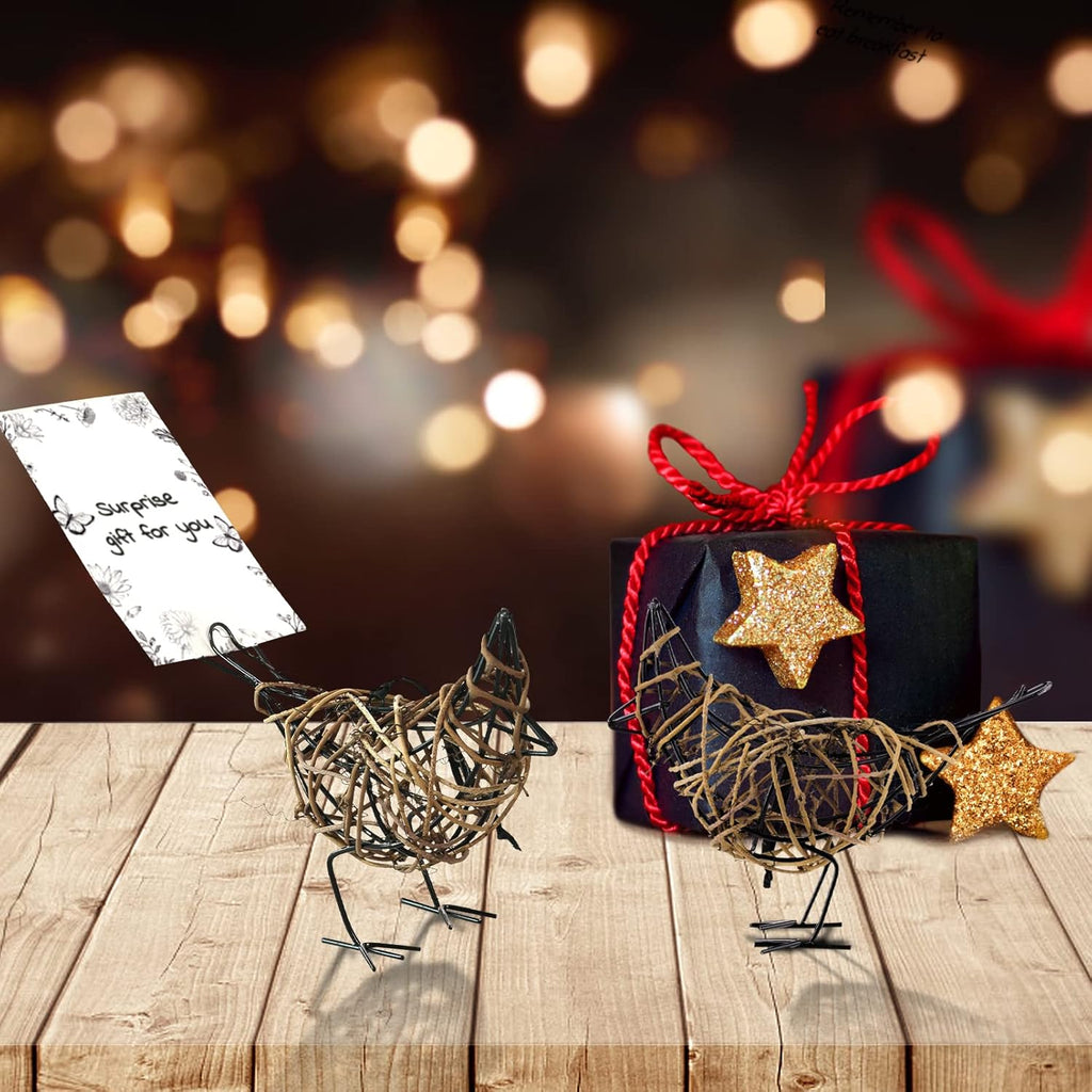 Natural Rattan Bird Sculptures Set of 2 - Christmas Ornament - Handwoven Metal Wire Figurine Table Decor, Rustic Farmhouse Accent with Memo Clip & (6x5.5x2.3in)