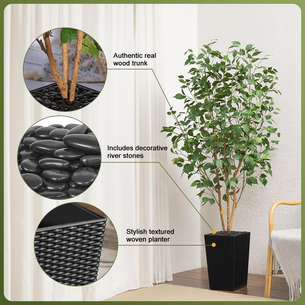6ft Artificial Ficus Tree,Tall Faux Tree with Silk Leaves & Real Wood Trunk,UV Resistant Potted Fake Plant with Pebbles & Planter-Indoor Outdoor Floor Plant for Home Living Room,VN129