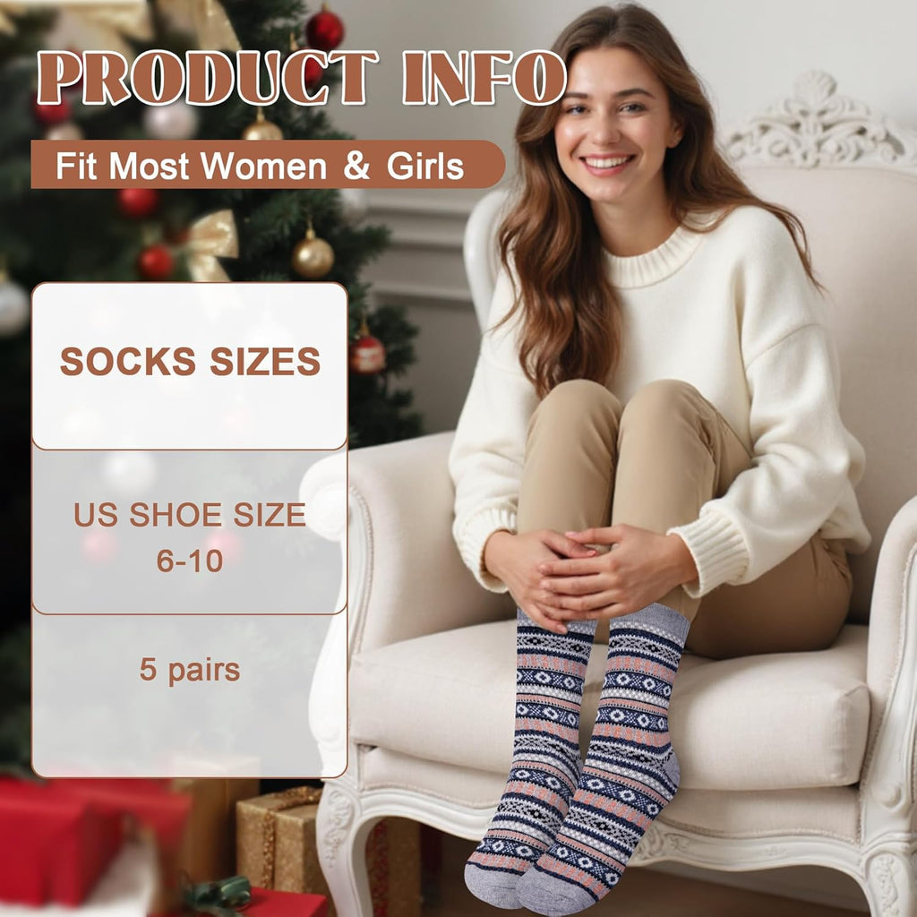 Justay 5 Pairs Wool Socks for Women - Winter Thick Boot Cozy Crew Vintage Soft Calf Knit Warm Socks Gifts