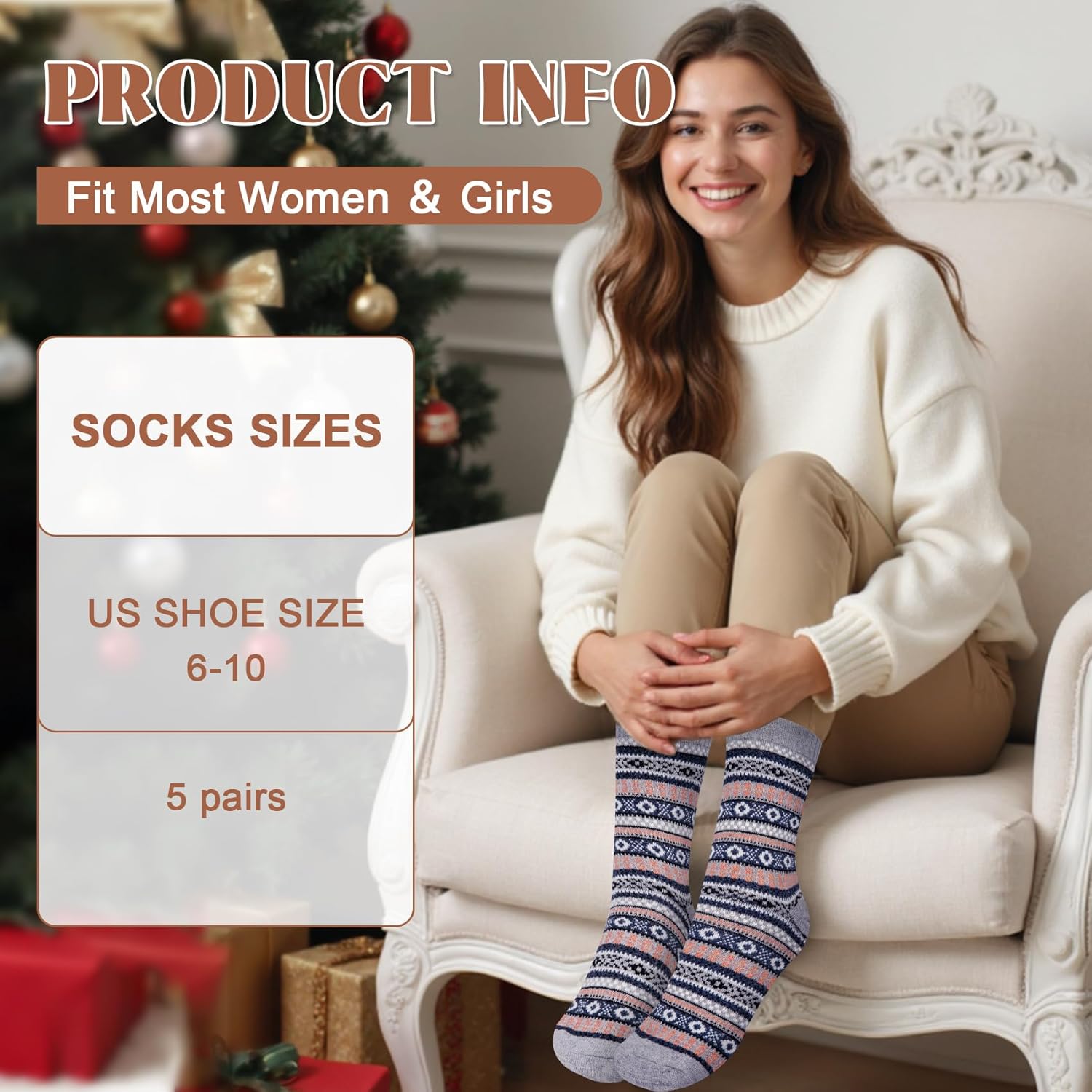Justay 5 Pairs Wool Socks for Women - Winter Thick Boot Cozy Crew Vintage Soft Calf Knit Warm Socks Gifts