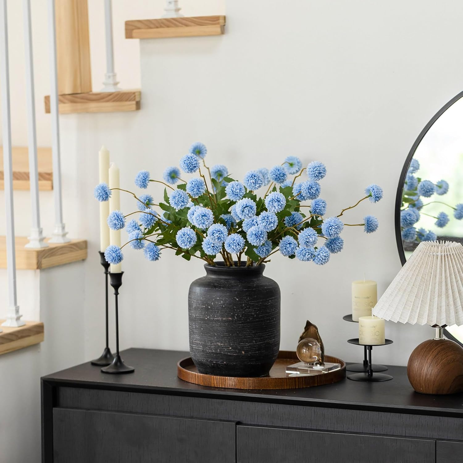 mizii 6Pcs Blue Fake Silk Pompon Mum Artificial Flowers Bulk Small Faux Chrysanthemums with Stems Realistic Floral Decorations for Wedding DIY Bouquet Centerpieces Shower Vase Home Decor (Light Blue)