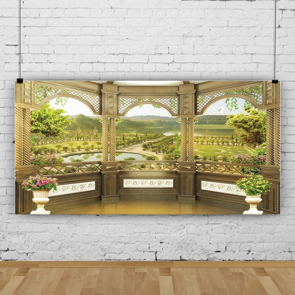 10x5ft Window Scenery Backdrop Golden Vintage Fence Green Tree Mountain Lake Nature Park Landscape Photography Background Party Birthday Wedding Bridal Studio Photo Props Polyester