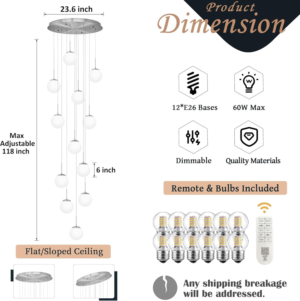 KoKo&Yukina 12-Light Nickel Mid Century Modern Chandelier for Living Room Staircase Chandelier for Entryway Globe Milky White Glass Pendant Light High Ceiling Chandeliers Foyer (Bulb & Remote Incl.)