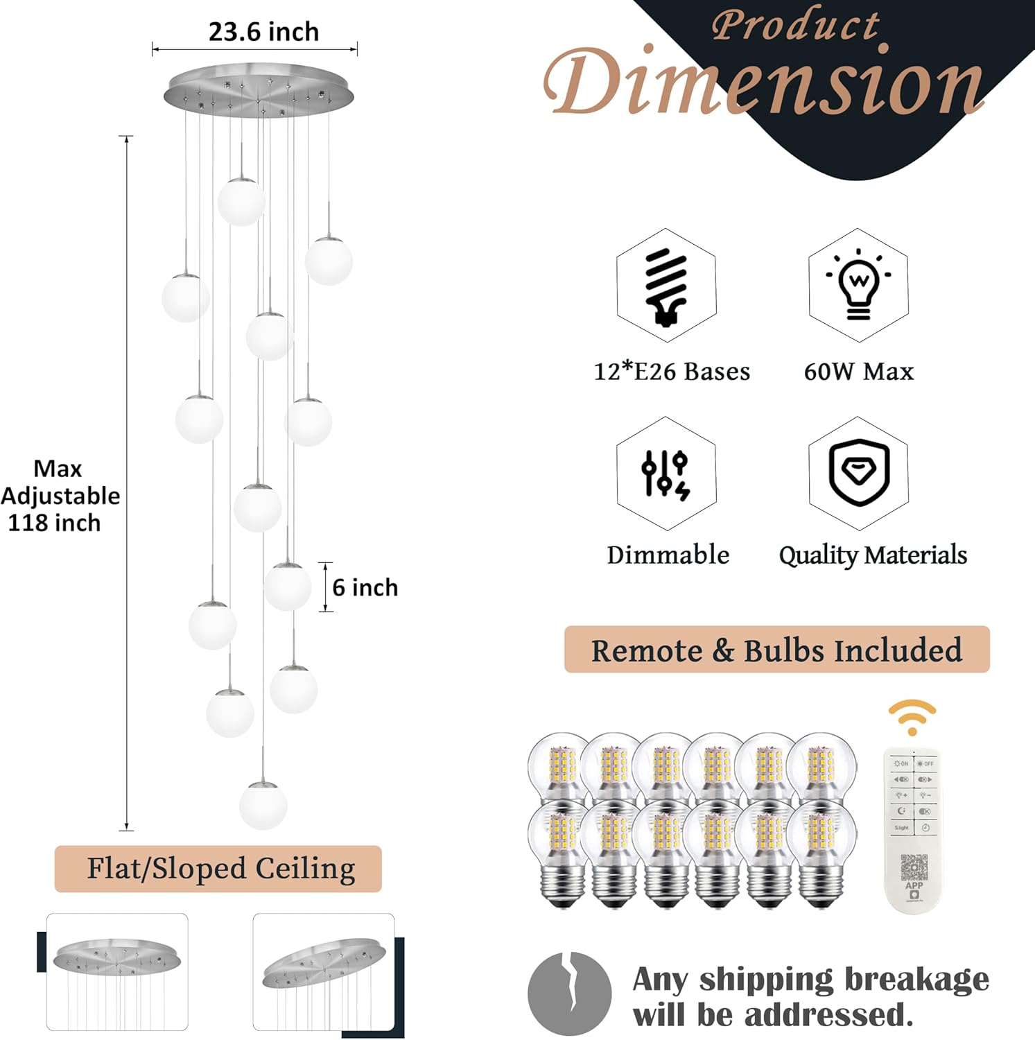 KoKo&Yukina 12-Light Nickel Mid Century Modern Chandelier for Living Room Staircase Chandelier for Entryway Globe Milky White Glass Pendant Light High Ceiling Chandeliers Foyer (Bulb & Remote Incl.)