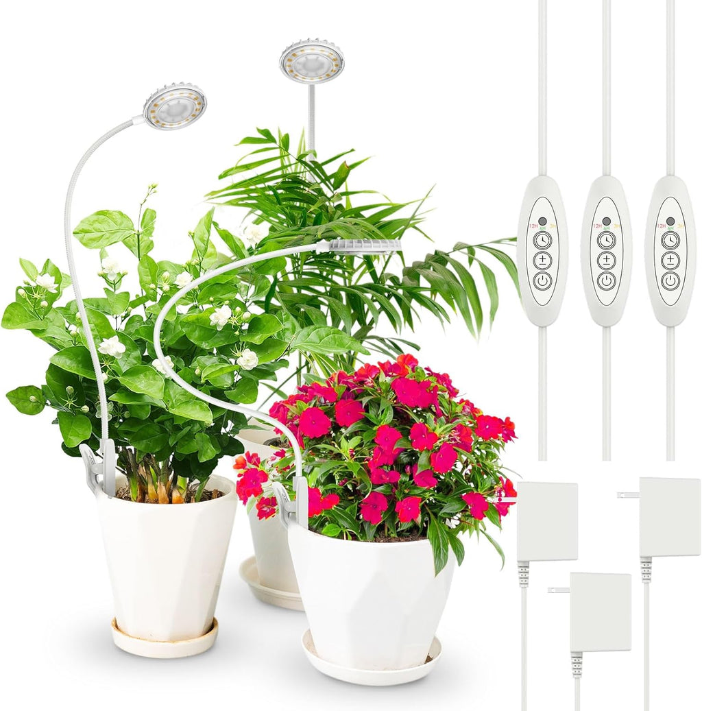 Grow Light, Full Spectrum Plant Lights for Indoor Growing, 10 W Pot Clip On Growing Lamp with Auto On/Off Timer 3/6/12H, 4 Dimmable Brightness, Ideal for Pot Plants Indoor, 3 Pack