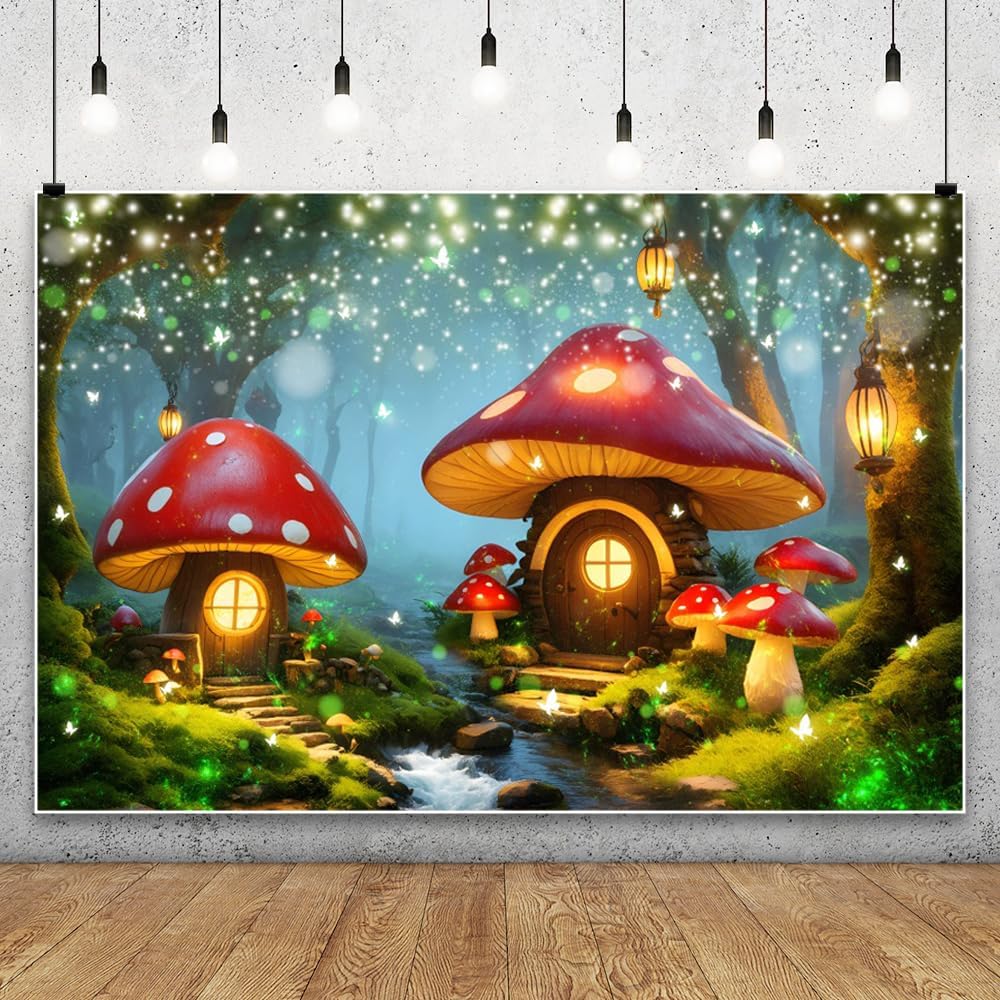 AOFOTO 5x3ft Elf Mushroom House Photo Backdrop Fairy Tale Enchanted Forest Photography Background Wonderland Magic Forest Trees Butterfly Girls Princess Kids Birthday Party Decoration Banner Props