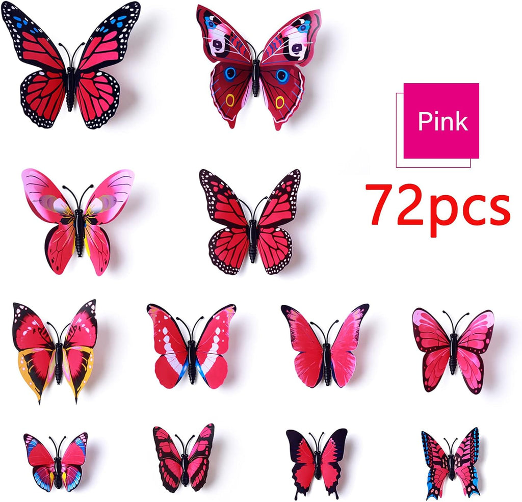 LiveGallery 72 PCS Rose Red Removable 3D DIY Beautiful Butterfly Wall Decals Colorful Butterflies Art Decor Wall Stickers Murals for Kids Baby Boy Girls Bedroom Classroom Offices (Rose Red)