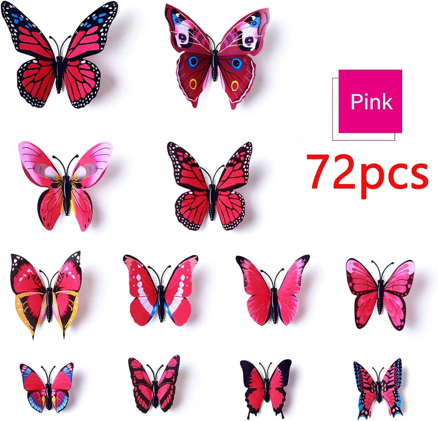 LiveGallery 72 PCS Rose Red Removable 3D DIY Beautiful Butterfly Wall Decals Colorful Butterflies Art Decor Wall Stickers Murals for Kids Baby Boy Girls Bedroom Classroom Offices (Rose Red)