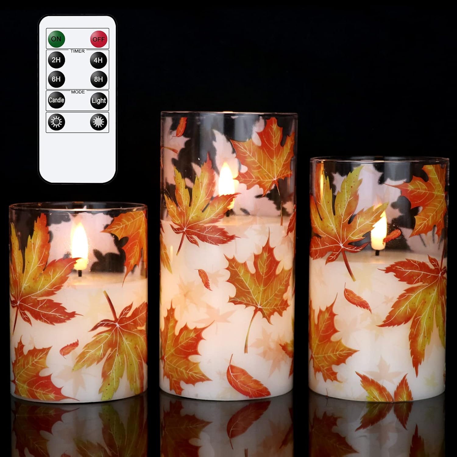 GenSwin Glass Maple Leaf Flameless Candles with Remote Timers, Battery Operated LED Flickering Candles, Real Wax Pillar Candles Christmas Wedding Decoration
