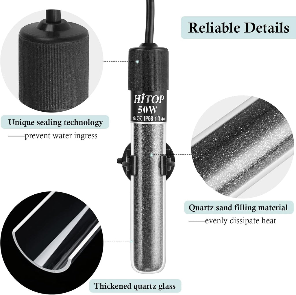 HITOP Mini Submersible Aquarium Heater - 50W Digital Heater for Fish Tank Turtle Tank 5-15 Gallon, Saltwater and Fresh Water with Temperature Controller (50W)