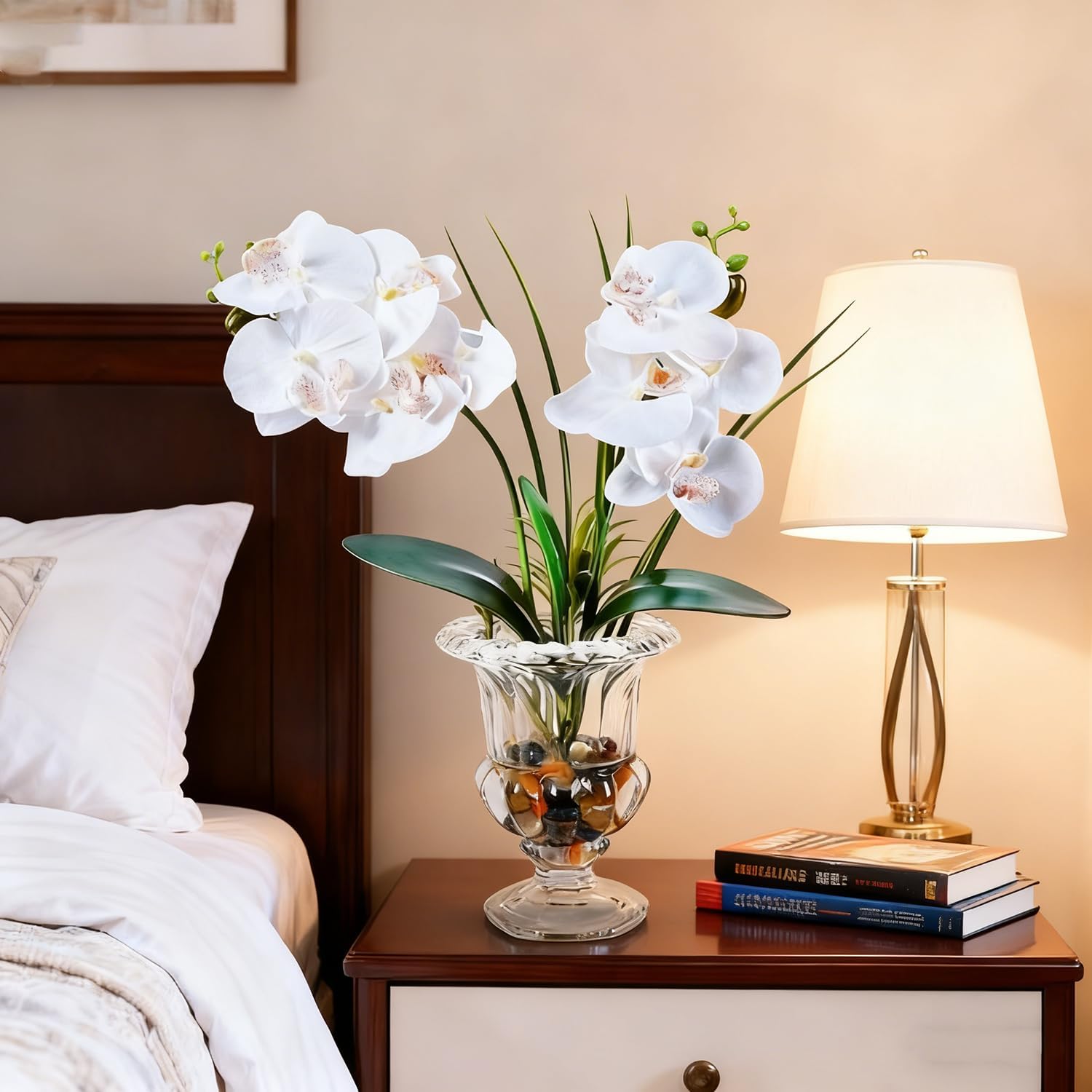 Jusdreen Artificial Orchid Centerpiece with Glass Vase, 14.5 Inch Lifelike Phalaenopsis Bonsai for Home Office Table Decor, White Orchid Arrangement with Potting