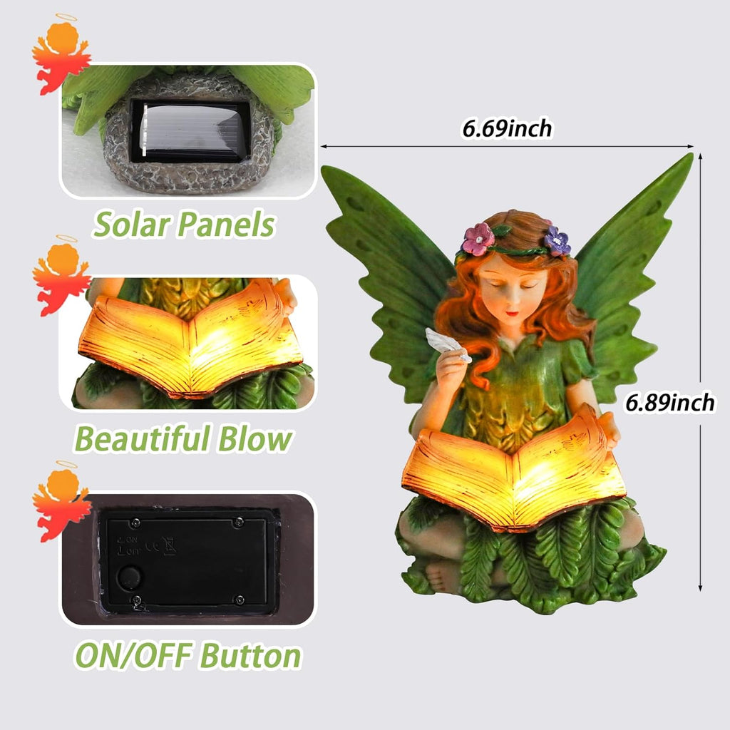 Fairy Garden Statues Outdoor Decor, Solar Fairy Lights Outdoor Lawn Ornaments Resin Sculptures Fairies Garden Decor for Outside Yard Art Patio Porch, Gifts for Women Mom