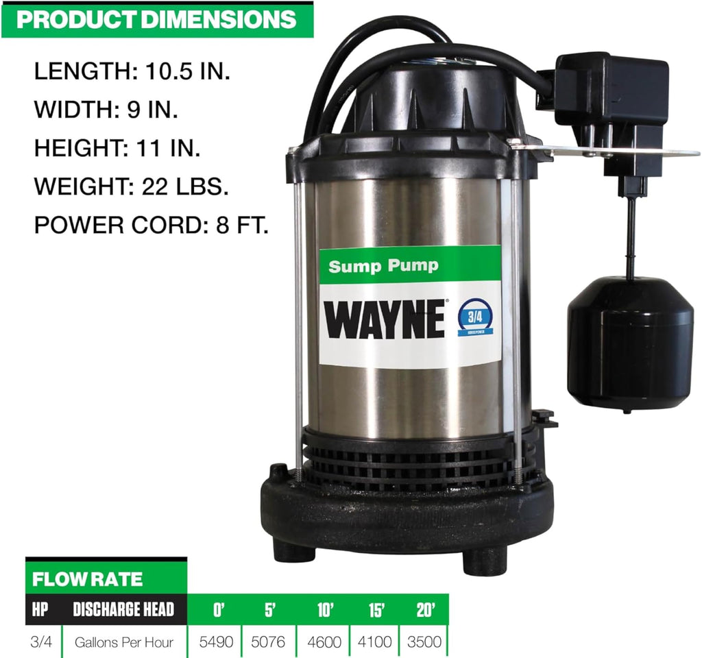 Wayne 3/4 HP Heavy Duty Submerisble Cast Iron and Stainless Steel Sump Pump with NEW Switch - Removes up to 5,490 Gallons of Water Per Hour