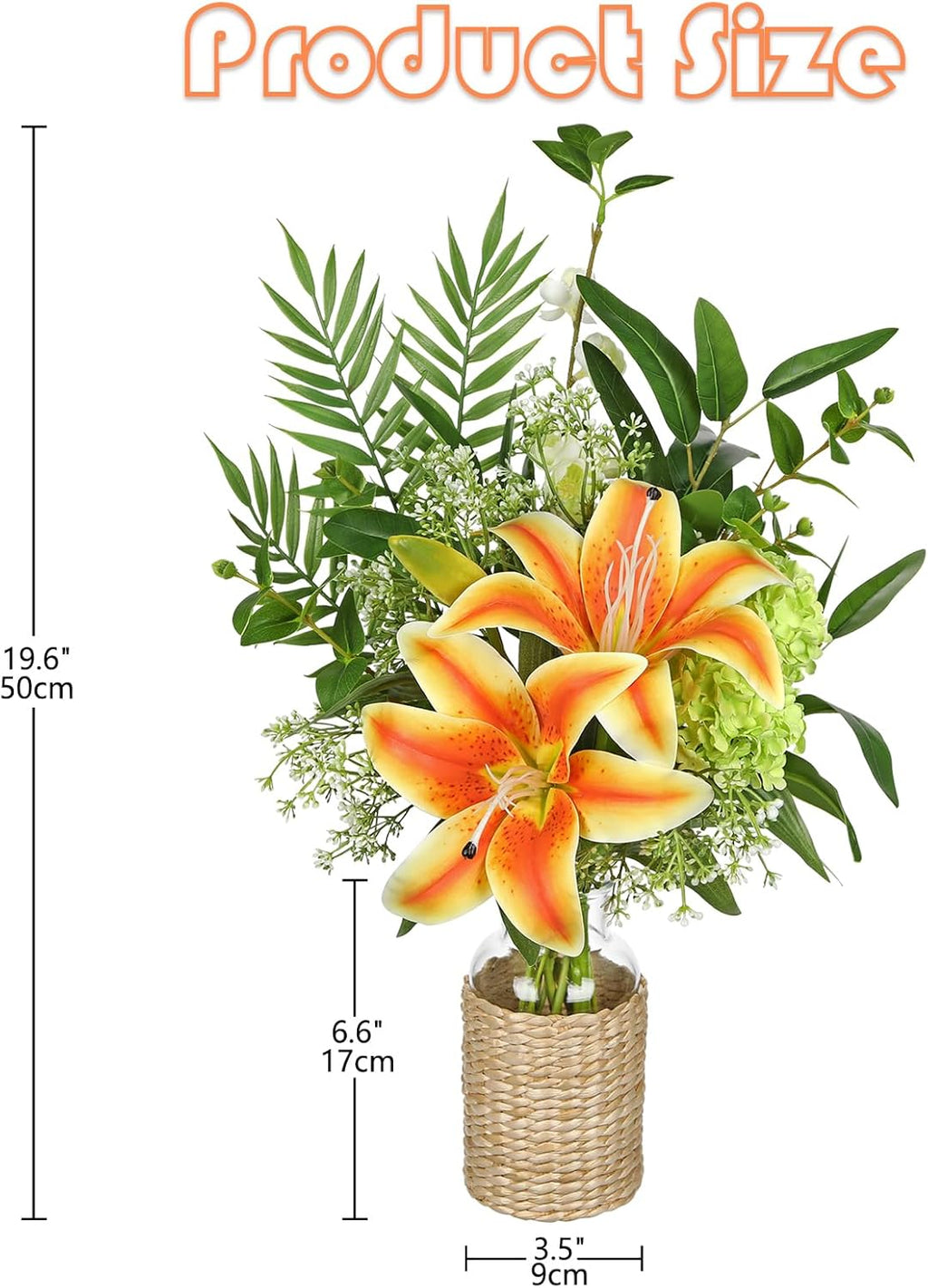 Hollyone Fake Flowers with Vase, Orange Silk Tiger Lily Artificial Flowers in Vase, Faux Plants and Flowers Arrangement Bouquets with Vases for Table Centerpieces Office Bathroom Home Decor