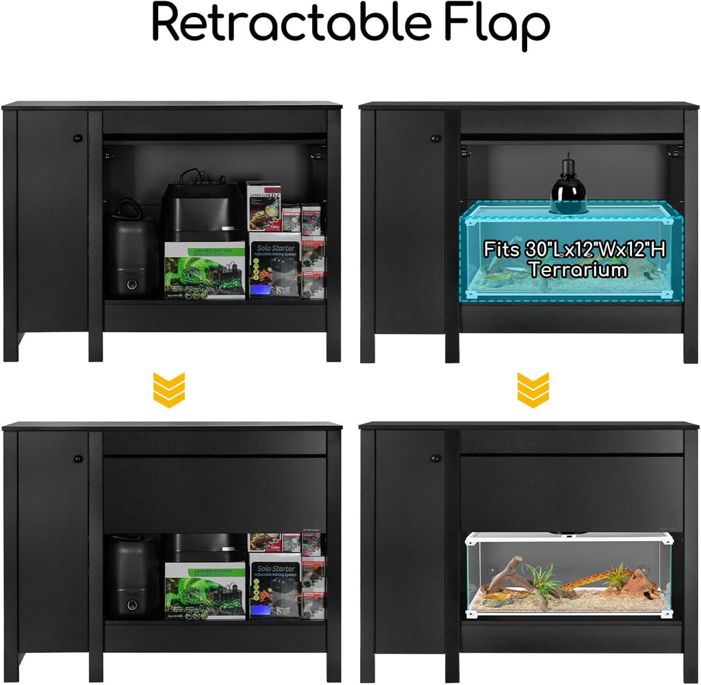 OIIBO Reptile Terrarium Stand Wooden Aquarium Stand with Cabinet for 48”Wx18”D Premium Black Reptile Terrarium Table with Retractable Flap
