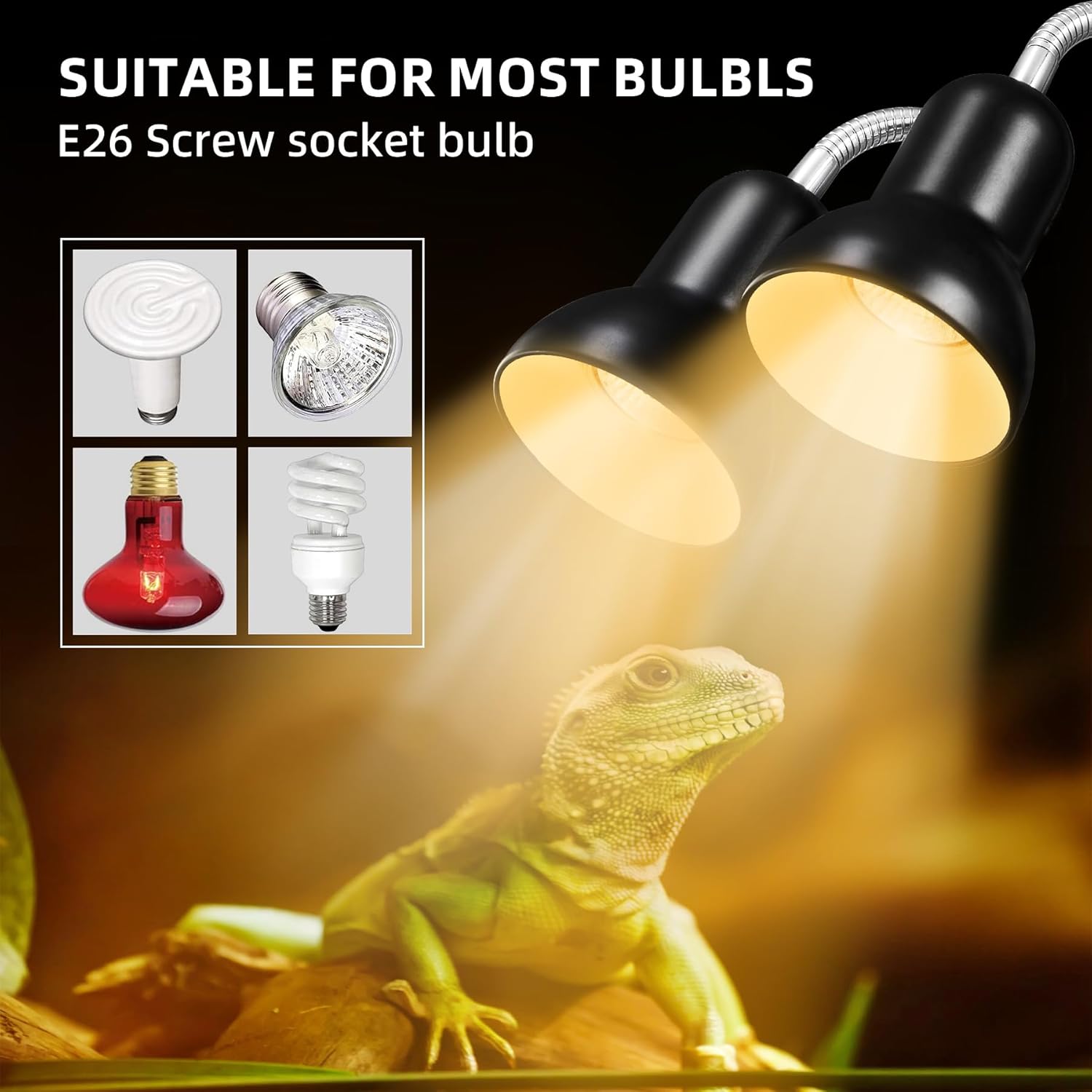 Reptile Heat Lamp, Turtle Lamp with Cycle Timer,Dual-Head UVA UVB, Heat Lamp for Lizard Reptiles,Bearded Dragon Hermit Crab Snake Turtle Basking Light, Separate Control Heat Lamp Bulb