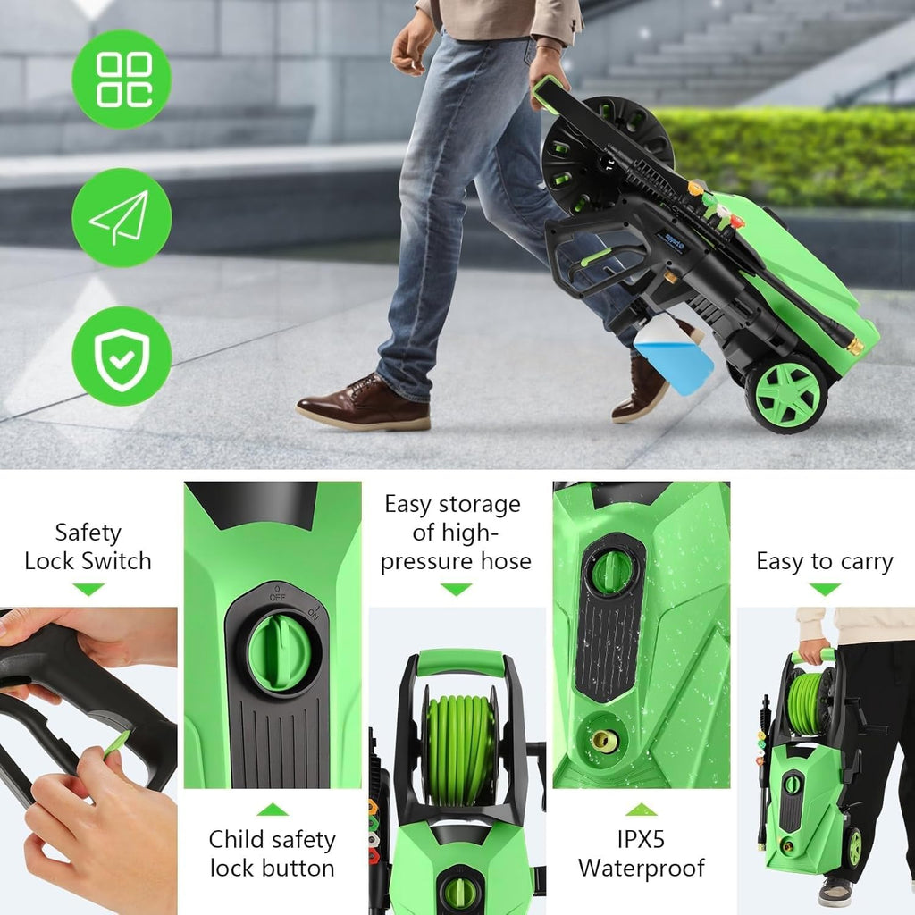Pressure Cleaner 5000 PSI,2.8 GPM Power Cleaner with Foam Cannon,Portable Cleaner with 33ft Hose Reel,4 Nozzle Tips,and Soap Bottle for Cars/Home/Driveways/Patios/Decks/Fences(Dark Green)