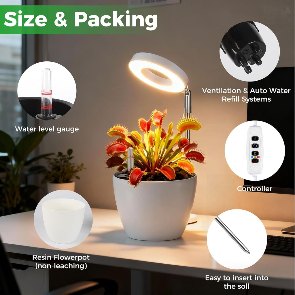Venus Flytrap Terrarium Pot with LED Grow Light & Air Vent, Desktop Mini Ecosystem Planter Kit for Live Plants Indoor, Succulent, Moss, Butterwort Plant, Home Decor Office Desk Decor Gifts