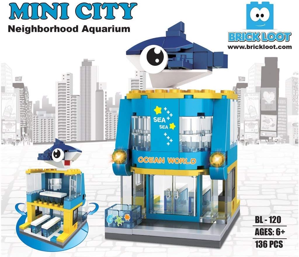 Brick Loot Mini City Aquarium Building Set – 136-Piece Lego-Compatible Two-Story Ocean World Storefront, Modular Mini Bricks Kit with Dolphin & Tanks, ABS City Blocks for Kids & Adults, Display Model