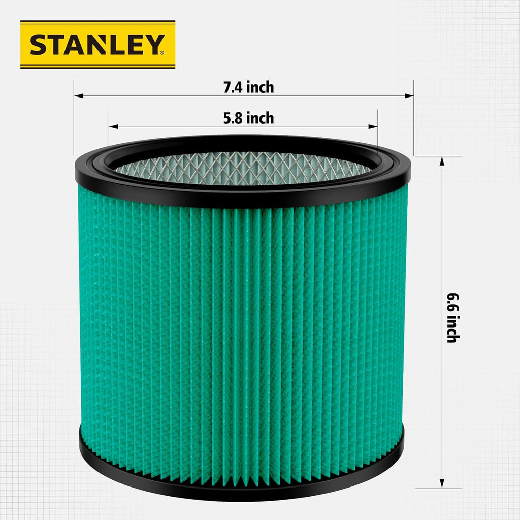 Stanley 08-2566H HEPA Cartridge Filter – Fits Most 5–18 Gallon Wet/Dry Vacuums – High Efficiency, Washable & Reusable Replacement Filter