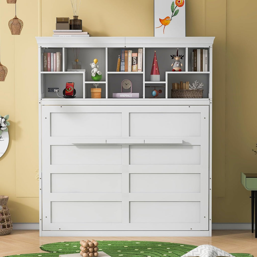 Merax Modern Farmhouse Solid Wood Murphy Cabinet Bed with Top Shelves & USB Charging, Tall Wall Platform Bed No Box Spring Needed/Easy Assemble Queen,White