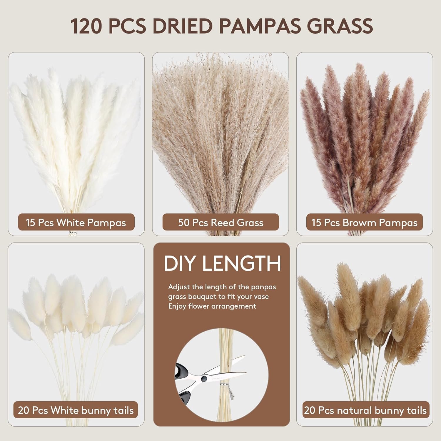 120PCS Dried Pampas Grass Decor – Bunny Tail Grass, White & Brown Reed Plumes, Tall Fluffy Boho Vase Filler for Rustic Wedding, Japandi Home, Shelf & Centerpiece Styling Festival Decor