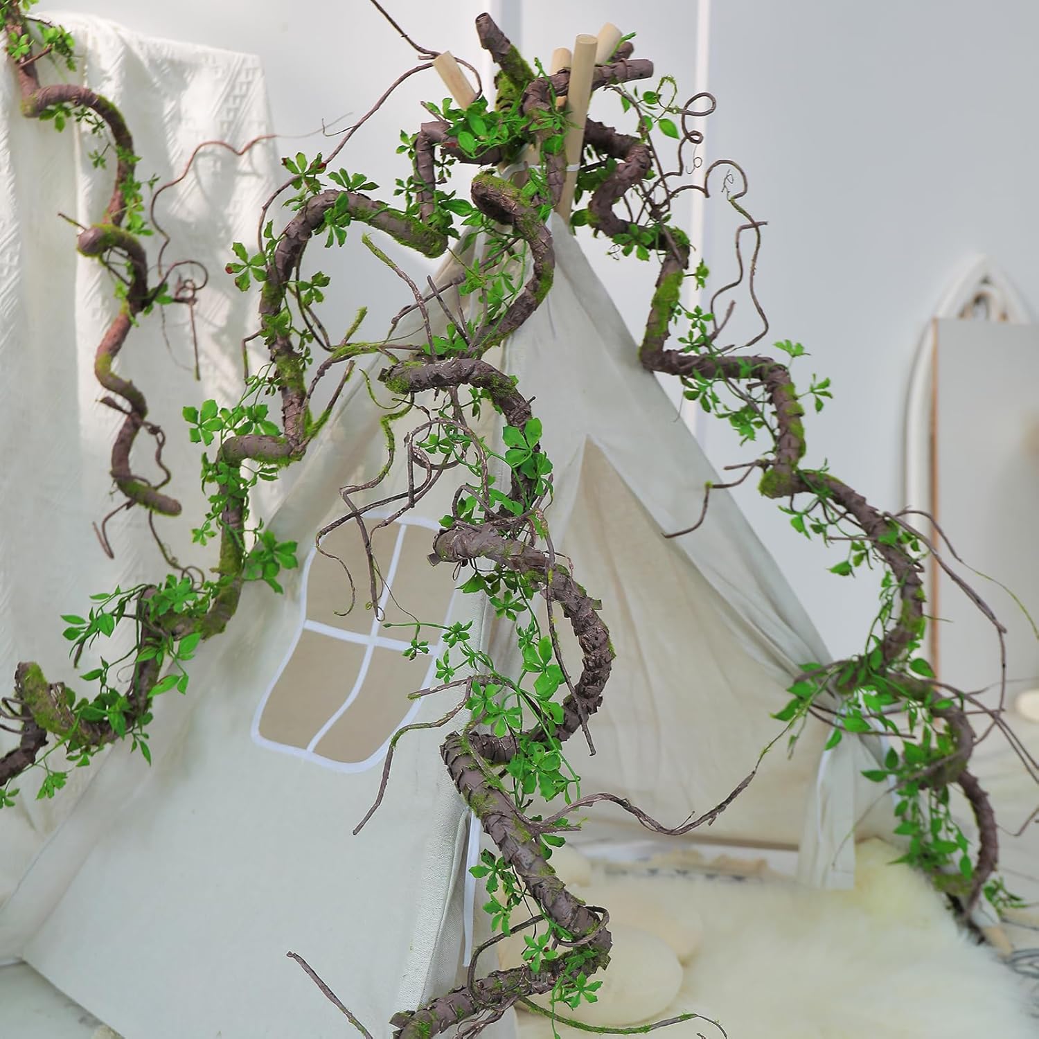 71 Inch Bendable Artificial Tree Vines Twine Branches Moss Greenery Plants Reptile Climbing Garland Twigs for Outdoor Camping Garden Wall Pipes Hanging Halloween Christmas Decoration