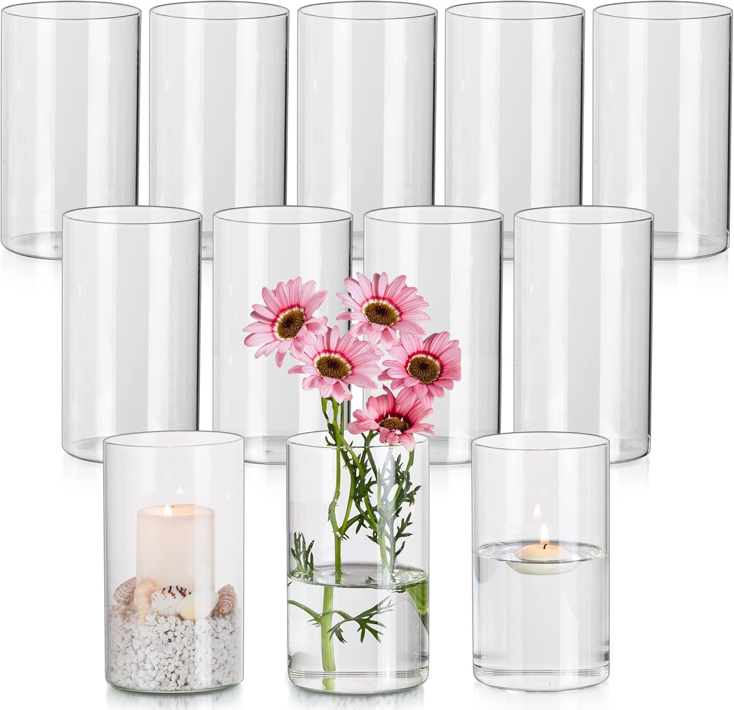 Hewory Glass Cylinder Vases Set of 12, Hurricane Candle Holders for Pillar or Floating Candles, Tall Clear Vase for Centerpieces, Round Vases for Wedding Anniversary Events Home Table Decor, 5.9in