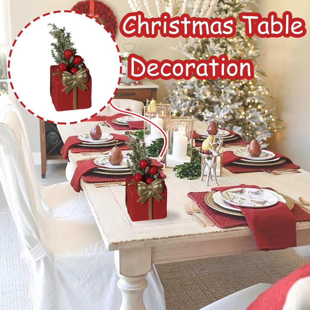 Mini Christmas Tree Tabletop Decorations, Artificial Xmas Tree Decor for Tables Red Berry ＆ Pine Branch with Snowman Base Christmas Table Decor for Winter Party Home Indoor Fireplace Mantel Decoration
