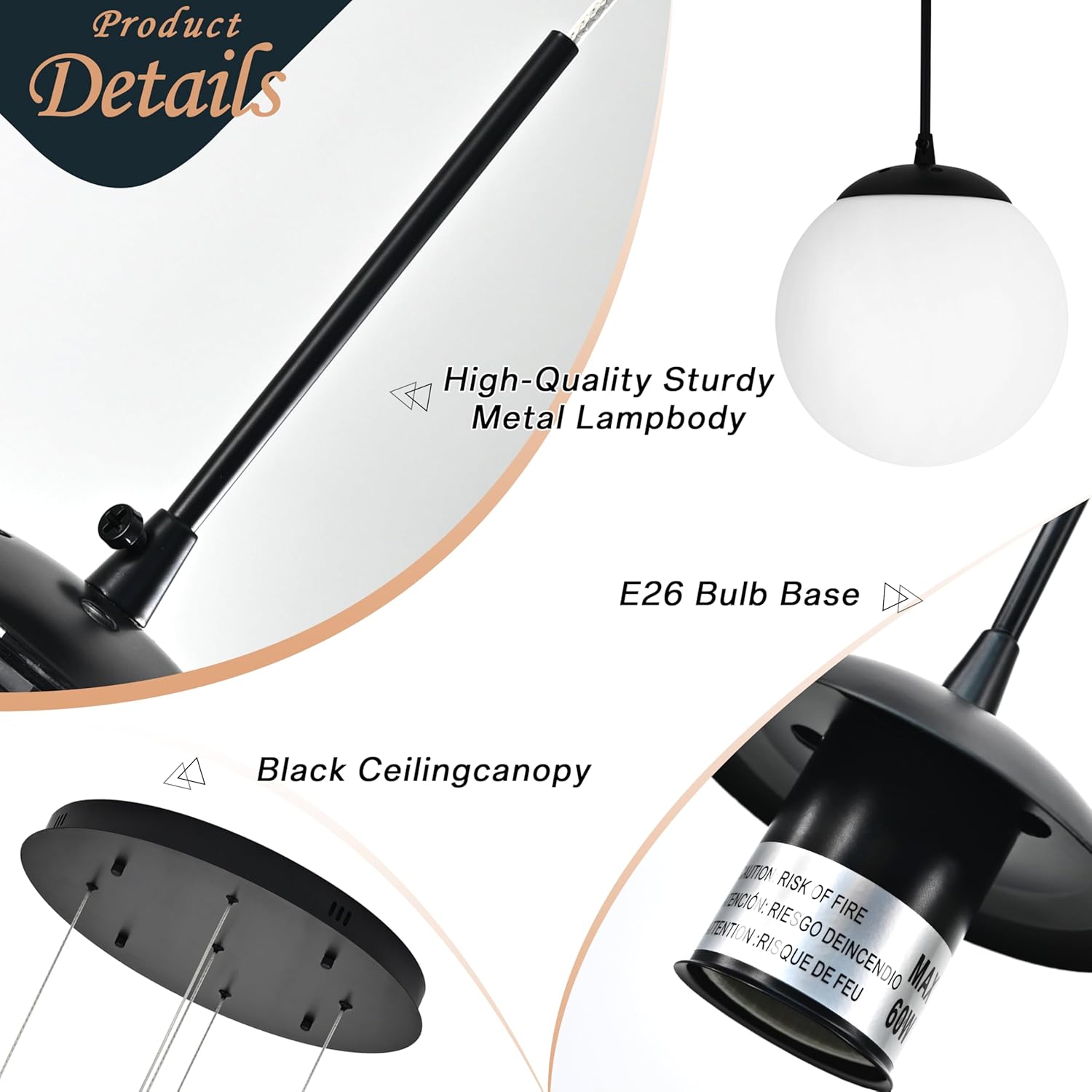 KoKo&Yukina 5-Light Globe Glass Pendant Light Adjustable Length Pendant Lights Fixtures Modern Black Chandelier with Milky White Glass Ceiling Lights for Living Room Staircase (Bulb & Remote Incl.)