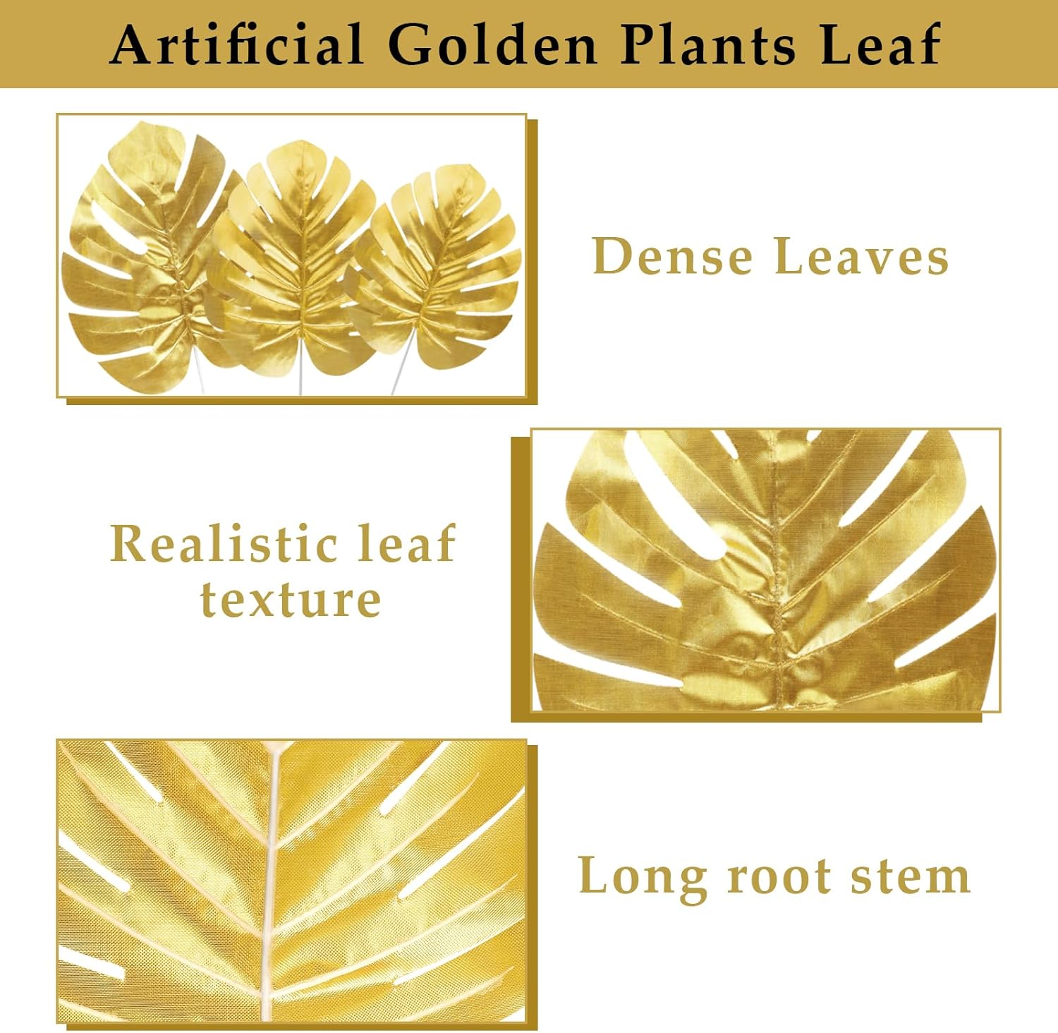 KIMOBER 24PCS Artificial Gold Palm Leaves,Mixed Size Golden Faux Tropical Monstera Leaves Realistic Artificial Plants Leaf for Home Hawaiian Luau Party Jungle Beach Decorations
