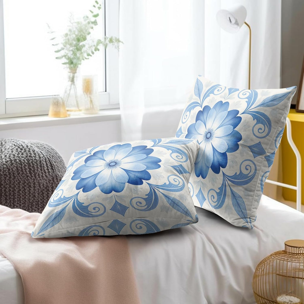 Blue White Moroccan Tile Throw Pillow Covers Set of 2 Ultra-Soft All-Season Pillow Shams with Hidden Zipper,Durable for Sofa Bed Car Decor & Gift Luxury 18x18IN